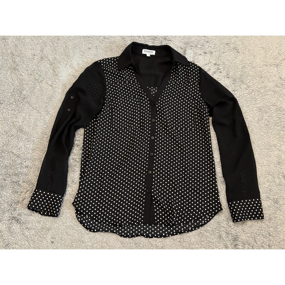 Express Portofino Shirt Womens XS Black White Polka Dot Long Sleeve Career